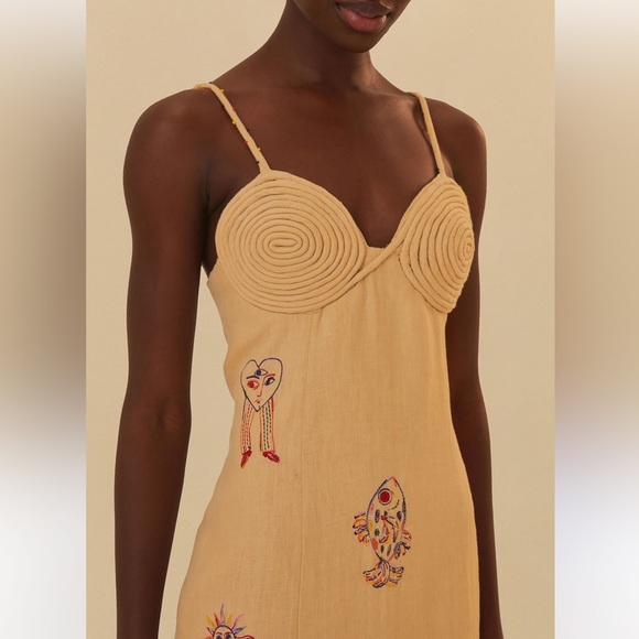 FARM Rio x Anthropologie Tan Embroidered Linen Blend Midi Dress NEW small - Picture 3 of 15